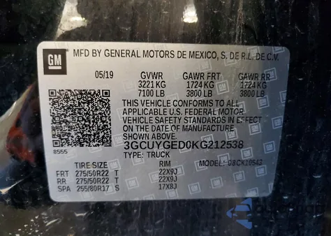 2019 Chevrolet Silverado K1500 Ltz z USA, uszkodzony, nr VIN 3GCUYGED0KG212538